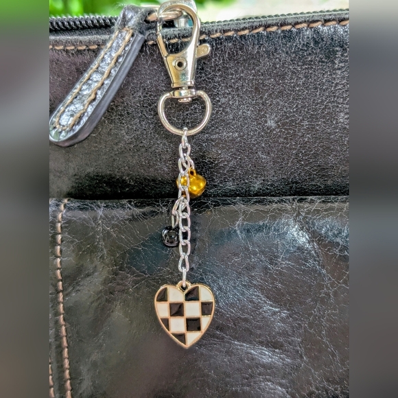 Hand Crafted Accessories - Checkered Heart Bag Charm with Jingle Bell